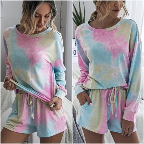 Rainbow tie dye shorts top lounge set drawstring